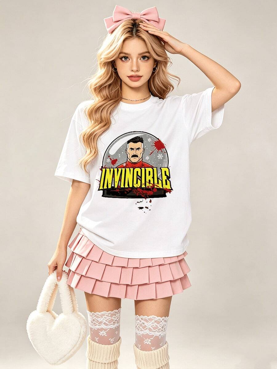 Women's Summer Casual Soft Round Neck Short Sleeve T-Shirt,Invincible Omni-Man Snow Globe Print Graphic Suitable For Spring Summer.White - White - View 1