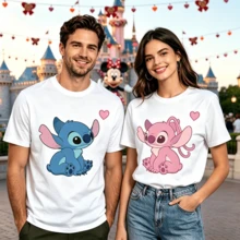 Disney Lilo&Stitch Themed Couple Pattern T-Shirt, With A Blue And Pink Color Scheme, Comes With A Natural Couple Design. The Loose Shoulder Version Allows For Free Movement Without Being Restricted By Skin Friendly Knitted Fabric, Making It Comfortable And Breathable For Couples, Passionate Couples, And Newlyweds. They Are Perfect For Weddings, Engagements, Brides' Casual Couple Sports, Couples' Daily Outings, Anniversary Clothing, Valentine's Day Gifts, And The Best Anniversary Gift - Commemorative Shirts - Trắng - Bà - Xem 1