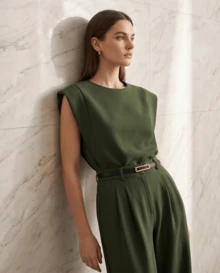Women's Set: Solid Color Sleeveless Round Neck Top For Summer And Pantaloon Pants With Belt And Bag - 軍綠色 - 查看 2