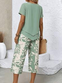 Women's Two-Piece Summer Set, Layered Short Sleeved Top And Leaf Printed Straight Leg Cropped Pants, Casual Breathable Casual Suit Set, - Green - View 6