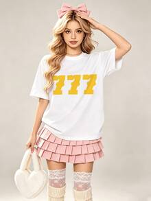 Women's Summer Casual Soft Round Neck Short Sleeve T-Shirt,777 Yellow Number Print Graphic Suitable For Spring And Summer Wear..Black - White - View 10