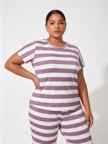 2pcs/Set Plus Size Women's Cute Striped Print Short Sleeve T-Shirt And 3/4 Pants Pajama Set, Comfortable Home Wear For Spring, Summer, Autumn, Slightly Stretchy - Purple - View 11