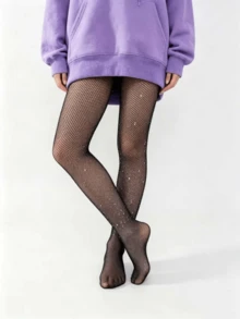 1pc Rhinestones Decor Sheer Footed Pantyhose For Girls, Suitable For Daily Wear - Black - View 2