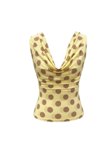 Polka Dot Cowl Neck Sleeveless Top Fitted Ruched Y2K Retro Summer Tank Blouse - 黃色 - 查看 3