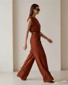 Women's Set: Summer Sleeveless Solid Color Round Neck Top And Wide Leg Pants With Belt And Bag - Camel - View 3
