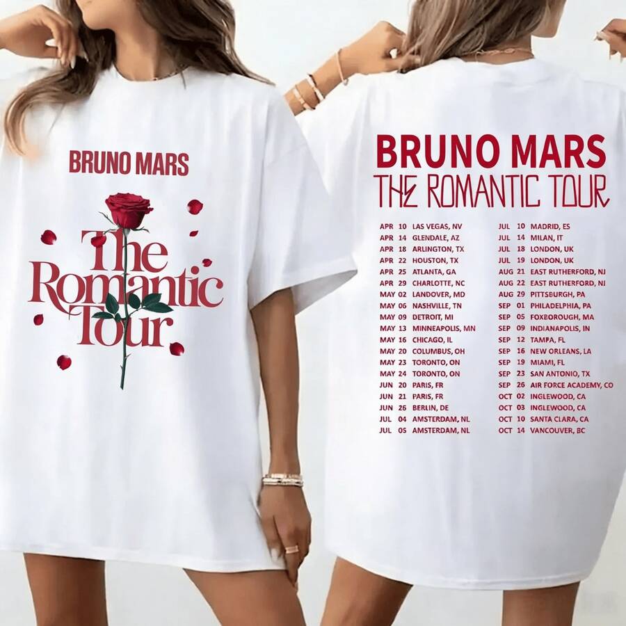 Unisex Cotton T-Shirt With A Pink Pattern From BBruno Mars' Romantic Tour - White - View 1