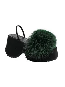 Women's Fashion Platform Fluffy Slippers, Faux Fur, Open Toe, Suitable For Indoor & Outdoor Wear, Casual, Beach, Party, Height Increasing & Anti-Slip - Green - View 9