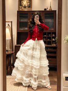 Personalized Sweet & Cool Mesh Patchwork Layered Cake Skirt, Slouchy Vibe Atmosphere Long Skirt, - Multicolor - View 5