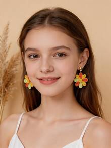 1 Pair Handmade Bohemian Style Raffia Flower Earrings, Retro Contrast Color Metal Earrings, Suitable For Beach, Party, Afternoon Tea, Daily Commute - Orange - View 9
