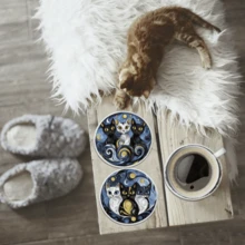 4pcs Cat Theme Wooden Coaster Set, Multiple Styles Available, Sophisticated Artistic Color Design, Exquisite And Elegant Shape, Creates Cozy Atmosphere, Serves As Decorative Piece And Gift Option. Suitable For Kitchen, Dining Room, Cafe, Living Room, Bedroom, Holiday Parties, Indoor And Outdoor Scenes - Multicolor - View 2