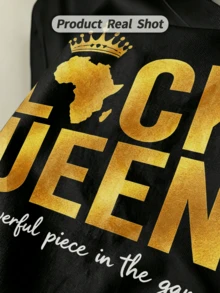 Camiseta de manga corta con cuello redondo suave y casual para mujer, con estampado gráfico del mapa de África, ideal para primavera y verano. - Negro - Ver 3