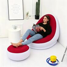 TAIMASI Inflatable Lounge Chair For Adults With Inflatable Pump, Folding Portable Lazy Sofa With Foot Stool Lazy Flocking Recliner Chair Air Couch Sofa For Indoor Livingroom Gaming Bedroom Office Balcony, Outdoor Travel Camping-Red - 紅色 - 查看 1