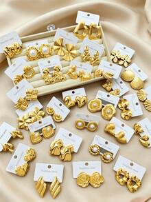 12 Pieces - (Random Combination) Stainless Steel Earrings, Elegant Design, Non-Allergenic Stainless Steel Earring Set, The Best Gift For Your Female Friends - Multicolor - View 2