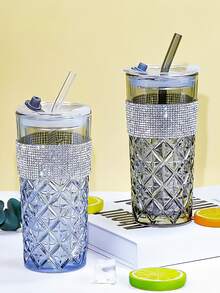 1pc Blue Crystal Glass Cup With Diamond Straw Bottle, Colorful Transparent Glass Cup For Drinks, Water, Coffee, Suitable For Home And Office - Multicolor - View 11