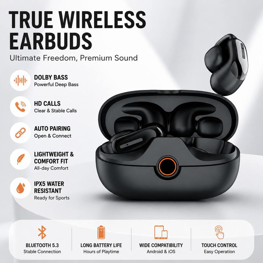 TWS Wireless Bluetooth Earbuds – HiFi Bass Stereo Headphones With HD Calling For Sports, Gaming, Travel & Daily Music - 黑色 - 查看 1