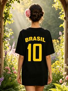 Women's Summer Casual Soft Round Neck Short Sleeve T-Shirt,The Brasil 10 Text Print Graphic Suitable For Spring And Summer Outfits.Black - Black - View 4