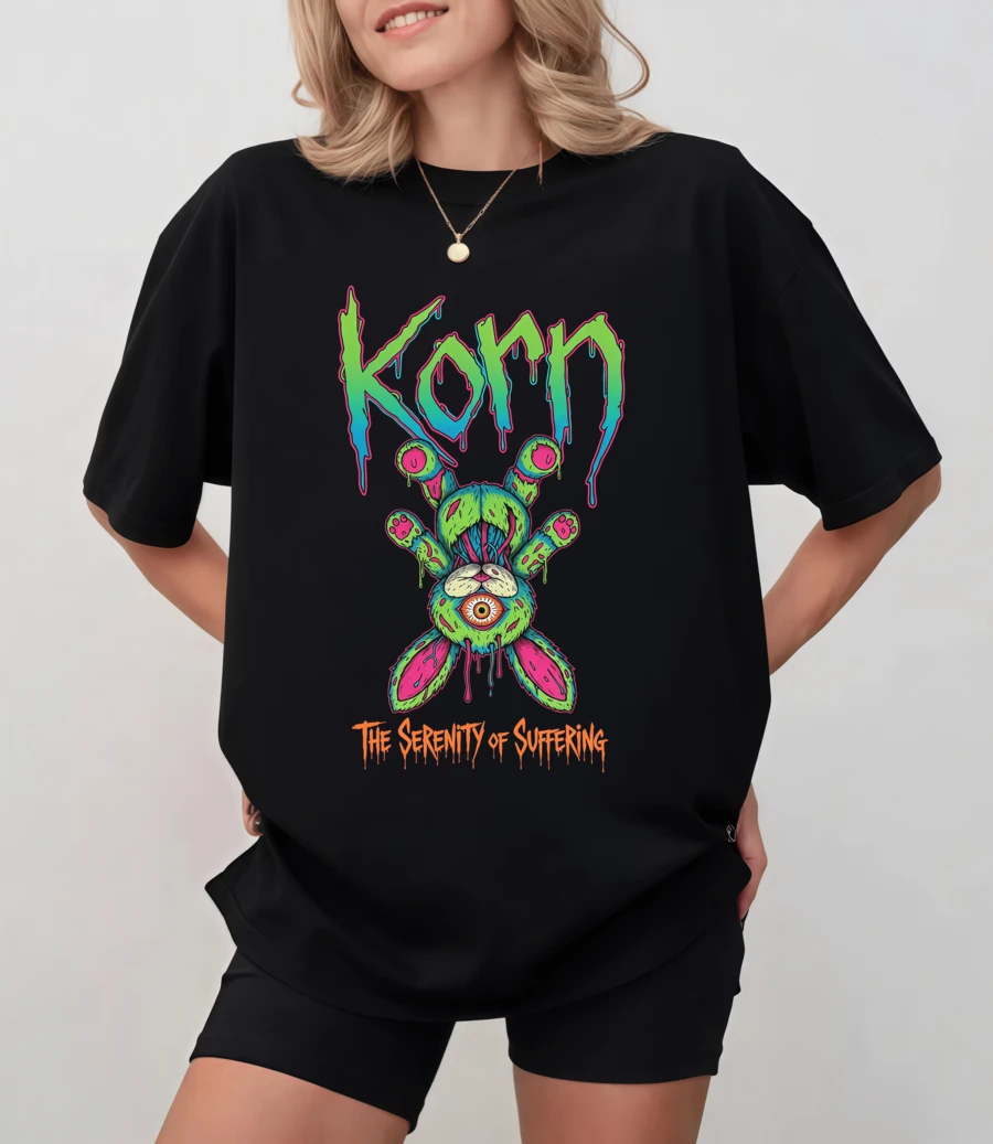 Korn "The Serenity Of Suffering" Dark Rabbit Print T-Shirt, American Nu Metal Style, Loose-Fitting Crew Neck T-Shirt - Black - View 1