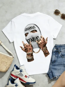 T-shirt d'été décontracté pour femmes, col rond doux, manches courtes, imprimé graphique Glorious Genius Ski Mask, convient pour le streetwear du printemps et de l'été. - Blanc - Voir 5