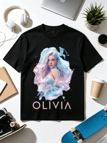 Watercolor Fantasy Fan Art. Soft Fabric T-Shirt For Everyday Wear. - 黑色 - 查看 1