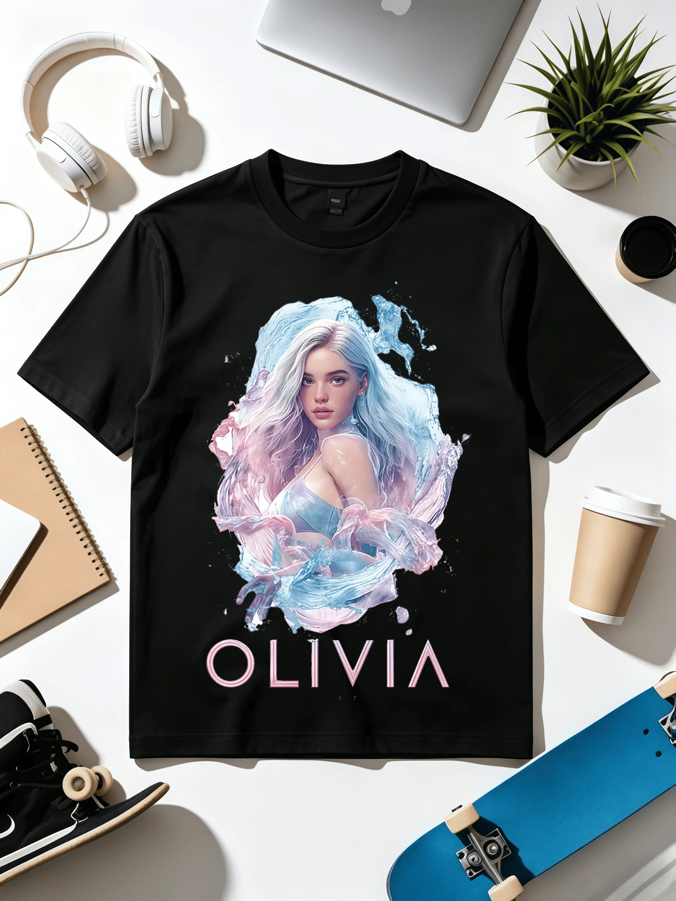 Watercolor Fantasy Fan Art. Soft Fabric T-Shirt For Everyday Wear. - 黑色 - 查看 1