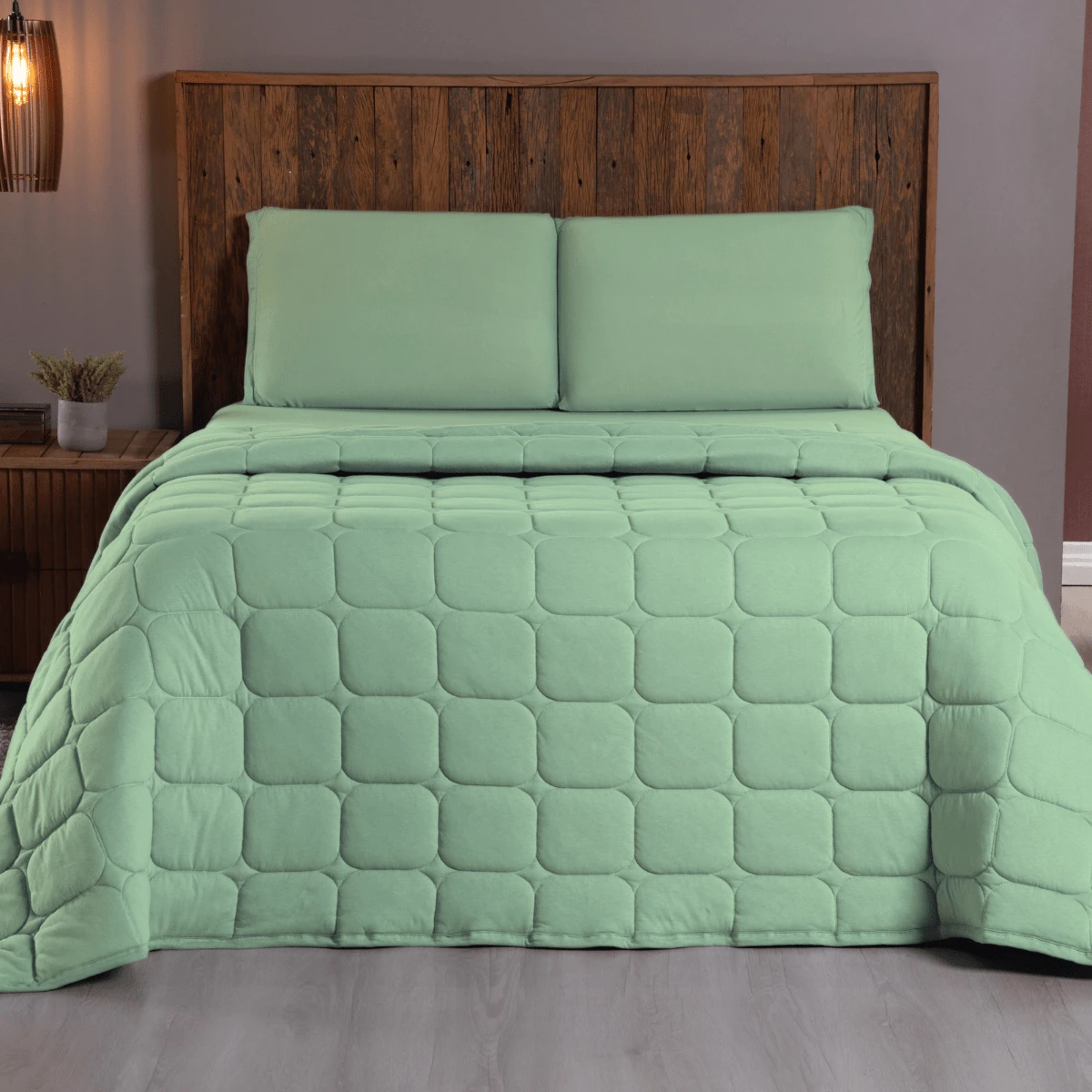 Double Bedspread Set, 100% Cotton Knit, 3 Pieces - Baby Green - View 1