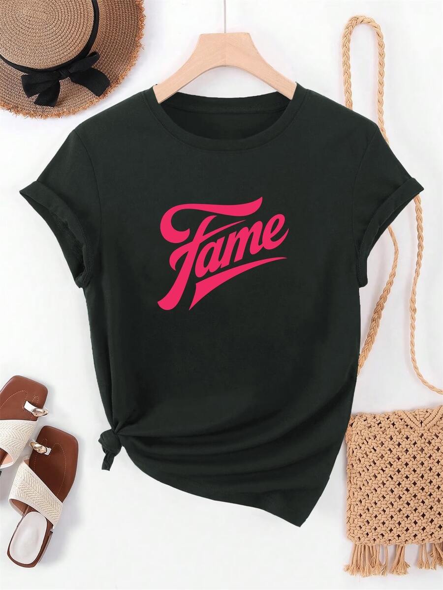 Ladies Fame Logo Pattern Summer Casual Round Neck Short T-Shirt.Png - 黑色 - 查看 1