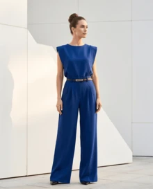 Women's Set: Solid Color Sleeveless Round Neck Top For Summer And Pantaloon Pants With Belt And Bag - Navy Blue - View 8