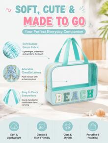 1Piece Women Seersucker Beach Snacks MEDS Bag Chenille Letter Clear Sunscreen SPF Makeup Bag With Handle And Zipper Seersucker Stripe Preppy Girls Cosmetic Pouch For Storage Travel Organizer - Multicolor - View 4