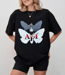 AFIAFI Gothic T-Shirt With Butterfly And Lightbulb Print, Vintage Punk Style, Short Loose Sleeves - Black - View 8