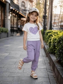 Girls' Summer New Casual Fashion Sporty Purple Heart Print White Round Neck Cinched Waist Short Sleeve T-Shirt Paired With Pink Long Cuffed Cargo Pants, Suitable For Daily Casual, Outdoor, Sports, Travel - Purple - View 10