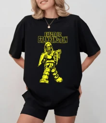 Electric F-FrankensteinN Yellow Robot Print T-Shirt, American Punk Rock Style, Loose-Fitting Crew Neck T-Shirt - Black - View 9
