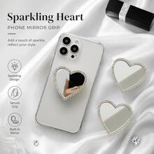 Luxury Rhinestone Heart Mirror Phone Grip Sticker, Self-Adhesive Phone Case Accessory, Cute Bling Mirror Phone Holder, Creative DIY Mobile Phone Decoration For IPhone & Android, Fashion Gift For Women Girls - Multicolor - View 1