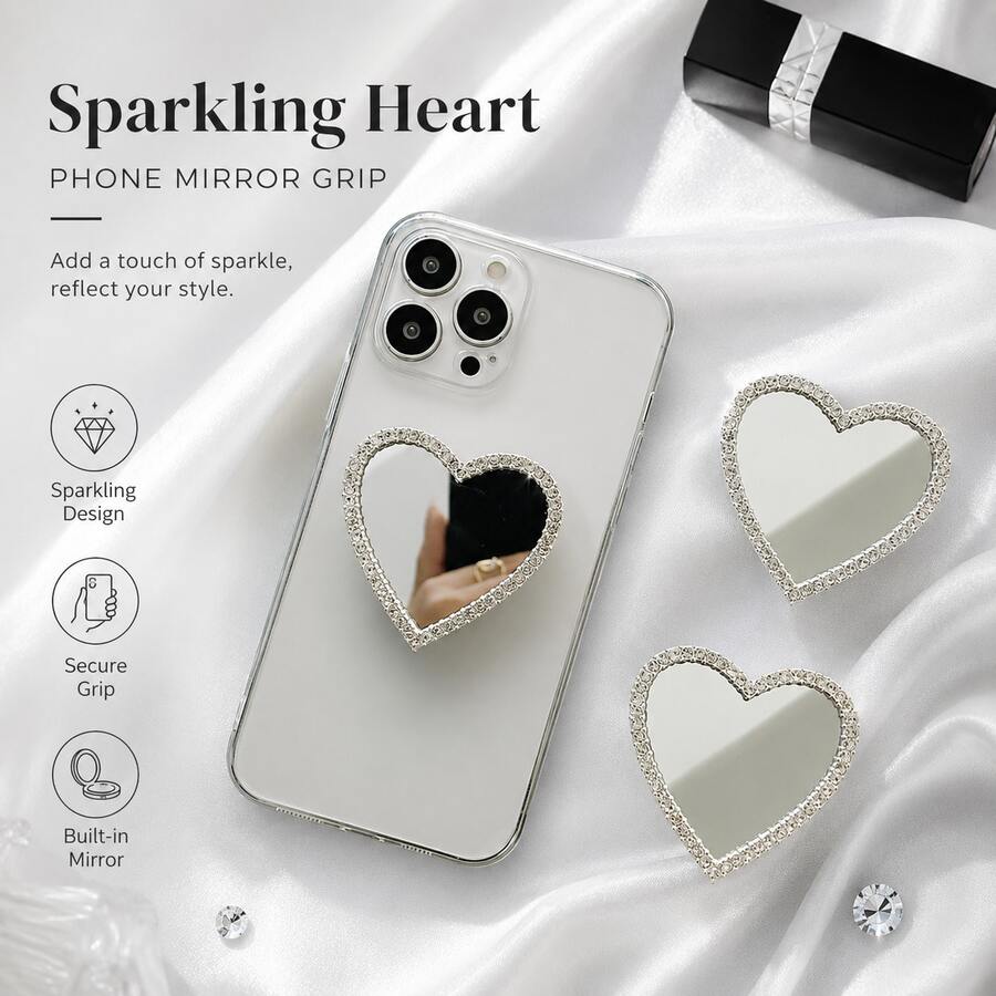 Luxury Rhinestone Heart Mirror Phone Grip Sticker, Self-Adhesive Phone Case Accessory, Cute Bling Mirror Phone Holder, Creative DIY Mobile Phone Decoration For IPhone & Android, Fashion Gift For Women Girls - Multicolor - View 1