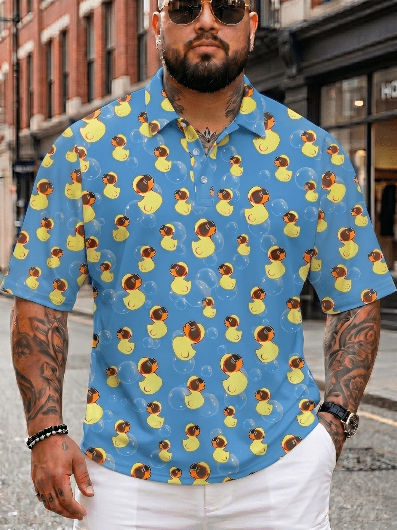 Camisa Polo de Talla Grande para Hombre con Estampado Divertido de Pato, Camisa Casual Holgada de Manga Corta, Top de Estilo Vacacional - Azul - Ver 1