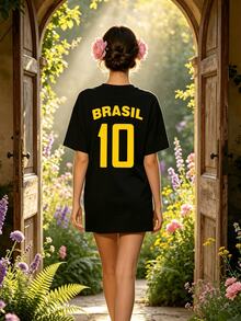 Women's Summer Casual Soft Round Neck Short Sleeve T-Shirt,The Brasil 10 Text Print Graphic Suitable For Spring And Summer Outfits.Black - Black - View 1