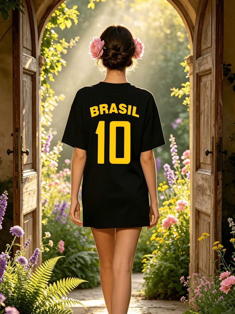 Women's Summer Casual Soft Round Neck Short Sleeve T-Shirt,The Brasil 10 Text Print Graphic Suitable For Spring And Summer Outfits.Black - Black - View 1