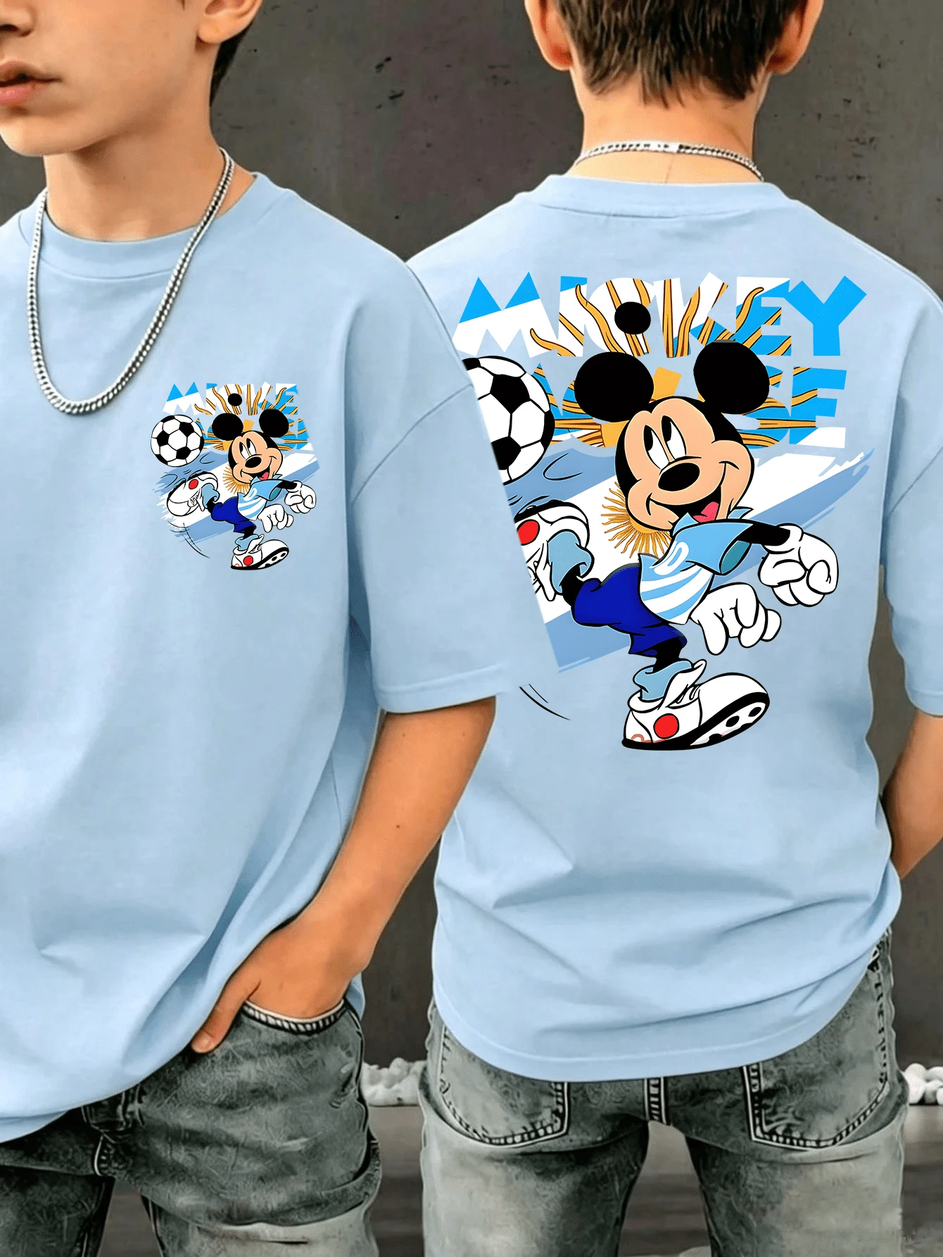 Disney Boys' Mickey Mouse Football T-Shirt, Featuring Argentina Inspired Soccer Mickey With Front & Back Print, Light Blue Casual Cotton Short Sleeve Tee For Kids And Sports Fans, Ideal For Football Season And Everyday Wear - Màu xanh nhạt - Xem 1