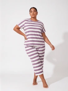 2pcs/Set Plus Size Women's Cute Striped Print Short Sleeve T-Shirt And 3/4 Pants Pajama Set, Comfortable Home Wear For Spring, Summer, Autumn, Slightly Stretchy - Purple - View 7
