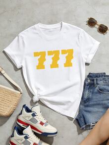 Women's Summer Casual Soft Round Neck Short Sleeve T-Shirt,777 Yellow Number Print Graphic Suitable For Spring And Summer Wear..Black - White - View 5