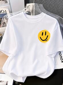 Women's Cute Smiling Graphic T-Shirt, 100 Percent Cotton Summer Tops, Top For Woman, Going Out Top Women, Plus-Size Options Available - Smile (White) - 查看 3
