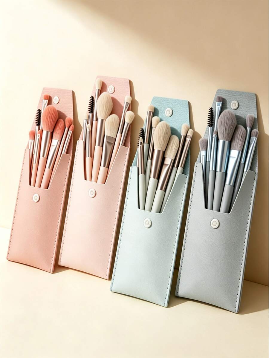 8pcs/Set Random Color Makeup Brush Set, With Portable Storage Case, Professional Blush, Highlighter, Eyeshadow, Foundation, Concealer, Eyebrow Brushes, Suitable For Beginners