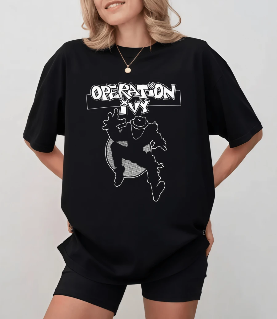 Operation Ivy Cropped T-Shirt With Line Art Print, Classic 90s Ska Punk For Unisex Fans - Black - View 1