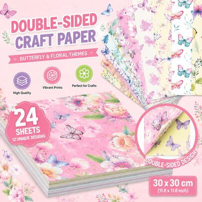 24pcs 11.8 Inch Pink Butterfly & Floral Scrapbooking Paper, Suitable For Notes, Collages, Cards, Scrapbooks And DIY Crafts, Great For Back To School Supplies, Gifts For Friends, Birthday, Graduation