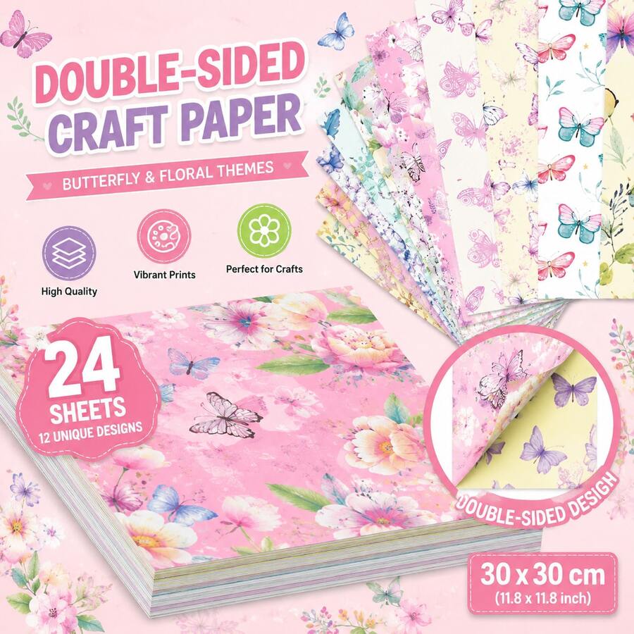 24pcs Scrapbook Paper Set, 11.8 Inch Decorative Butterfly And Floral Pattern Paper, Suitable For Planner, Journal, DIY Crafts, Greeting Cards And Scrapbooking, Gift Wrapping Paper - Multicolor - View 1