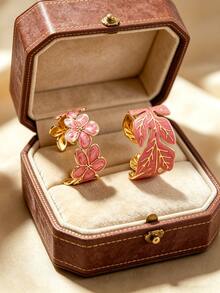 2pcs Elegant Enamel Plumeria/Tulip Shaped Stainless Steel Women's Bracelets For Daily Wear/Party/Holiday Gift - Yellow Gold - View 6