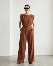 Women's Set: Summer Sleeveless Solid Color Round Neck Top And Wide Leg Pants With Belt And Bag - Bronze - View 2