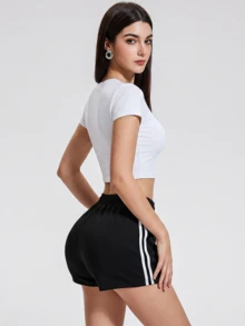 KyrLssu Women's Striped Side Tie Waist Shorts Casual Style - Black - View 2