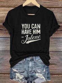 Fashionable Women'S Short-Sleeve Round Neck Top With Letter Print Design.Png - Black - View 1