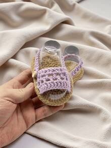 1 par de sandalias de bebé tejidas a mano, zapatos de punto suaves para pre-caminantes - Púrpura malva - Ver 2