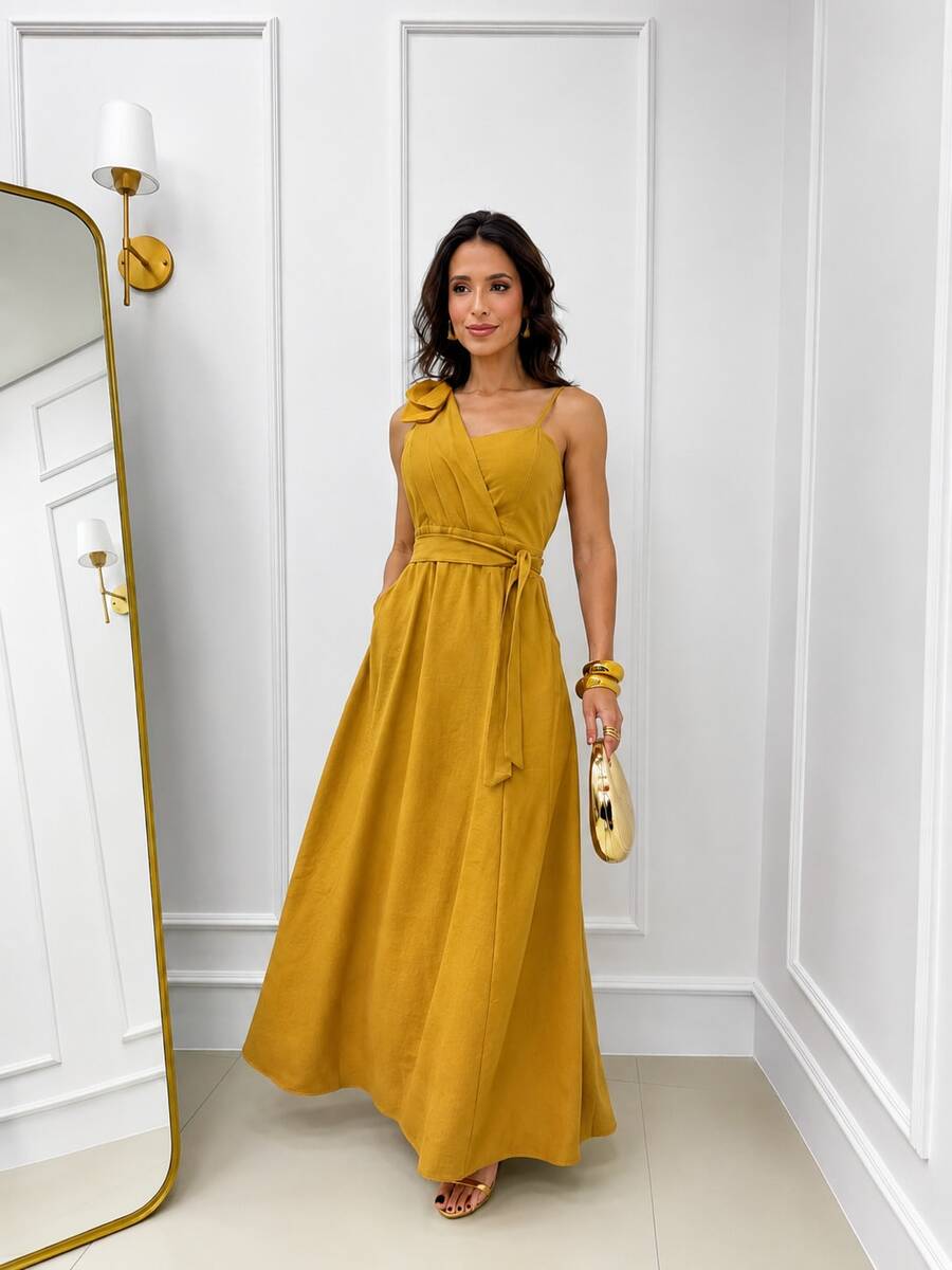 Women's Long Dress With Thin Straps And Bow, Elegant, Chic Party, Wedding, Graduation, Modest Fashion, Padded Bra, Size 3. - 芥末黃 - 查看 1